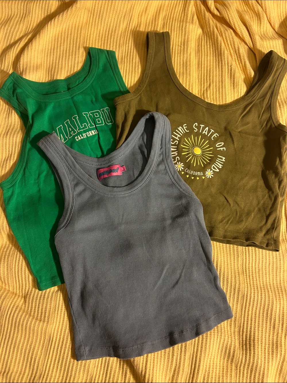 Edikted Trio Ribbed Tank Tops in Green, Olive & Gray